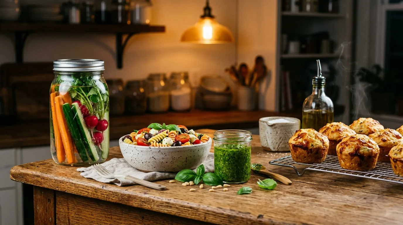 Cuisine maison avec salade, pâtes, muffins et infusion fraîche.