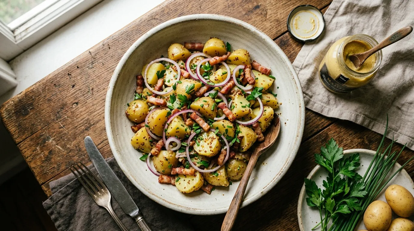 Salade tiède avec pommes de terre, bacon croustillant, oignons rouges et persil frais