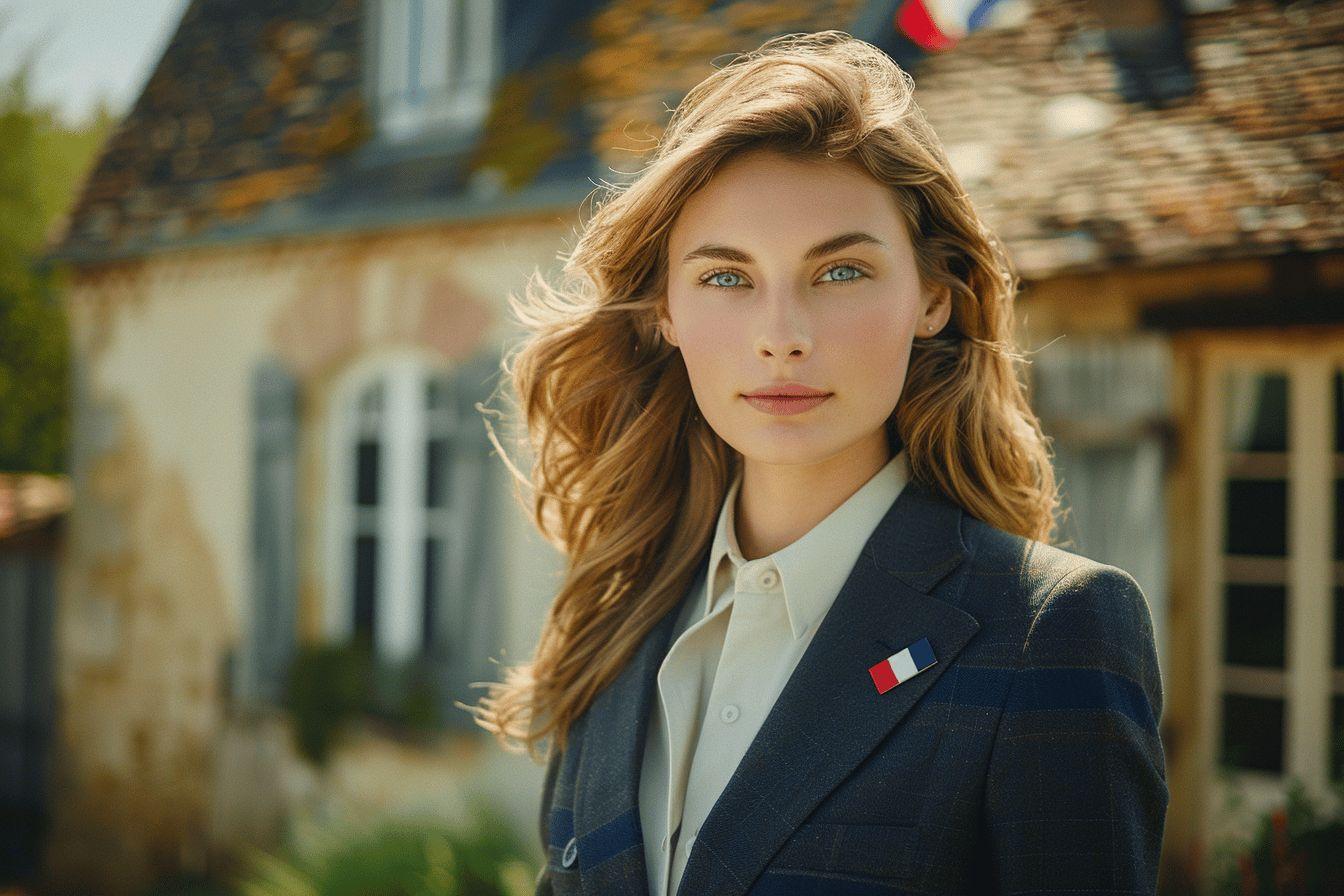 Femme professionnelle avec drapeau français, arrière-plan traditionnel