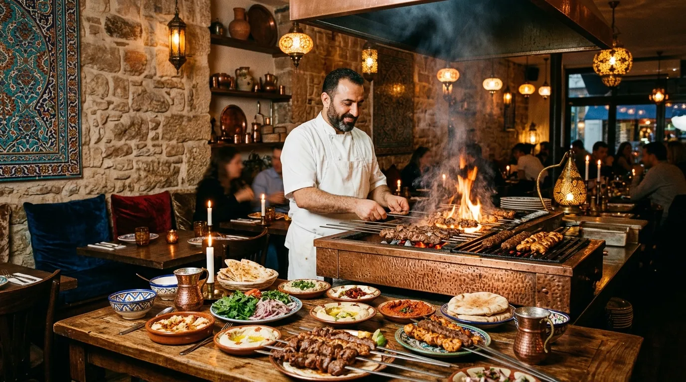 Chef cuisinant des brochettes sur grill ouvert en restaurant orientaliste