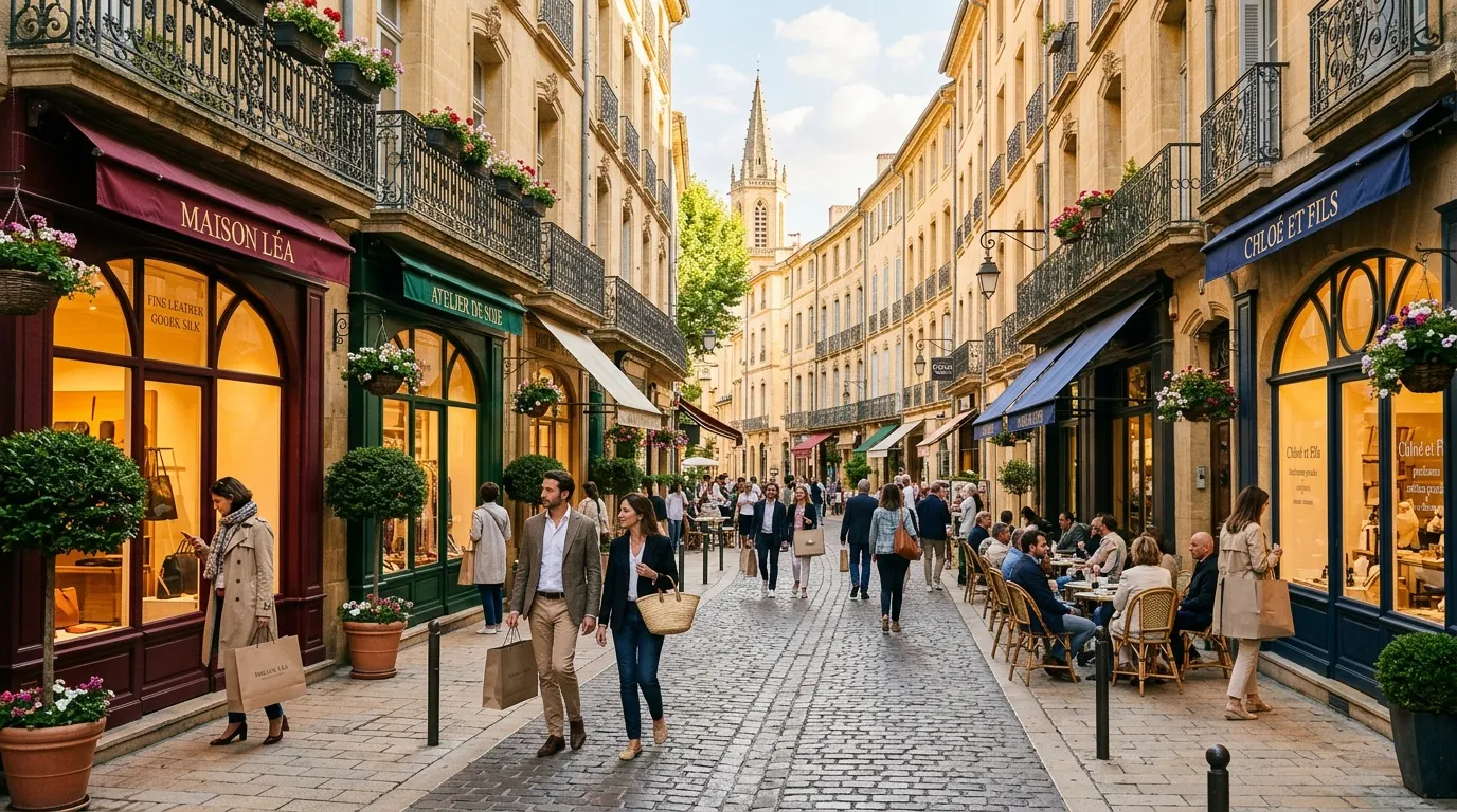 Rue pavée parisienne avec boutiques, passants et église en arrière-plan