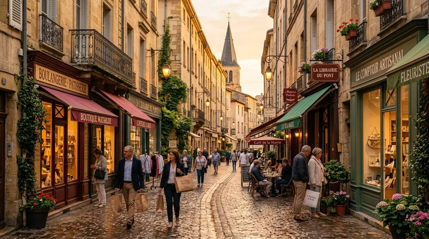 Rue pavée parisienne avec boutiques, fleurs et église en arrière-plan