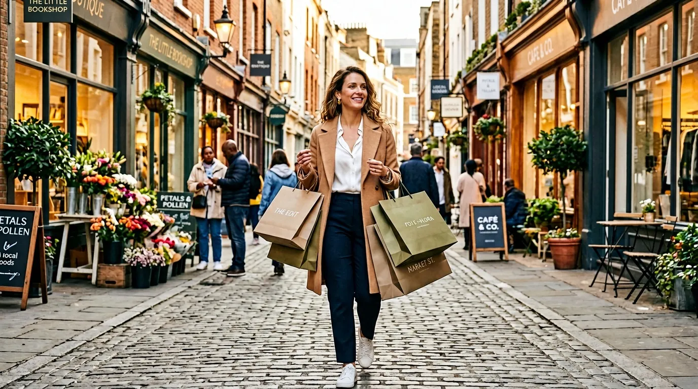 Femme avec sacs shopping dans rue commerçante pavée