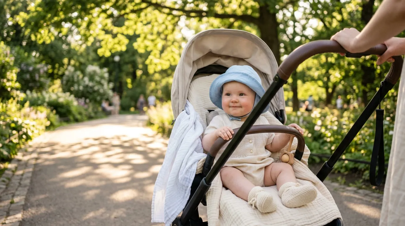 Bébé souriant dans une poussette blanche au parc verdoyant