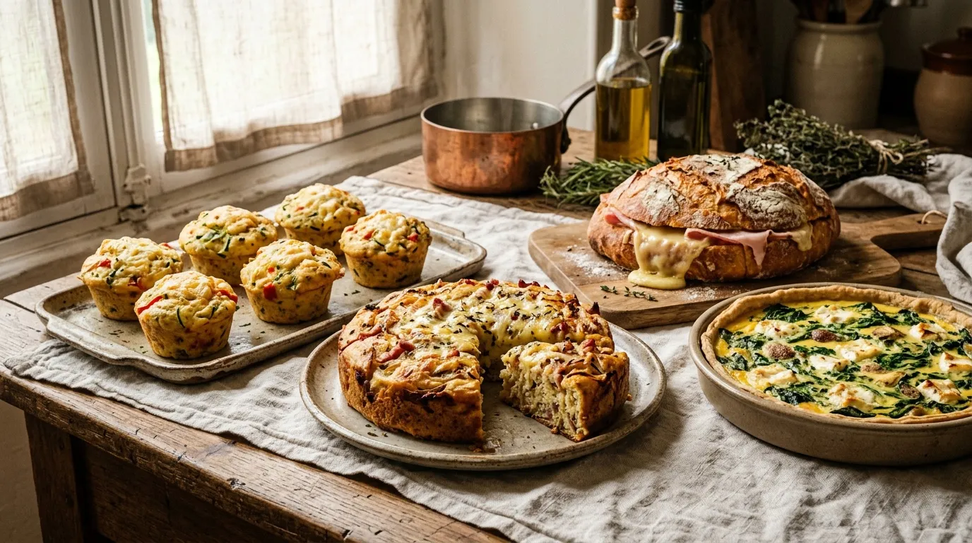 Assortiment de pains, quiches et muffins savoureux sur table rustique