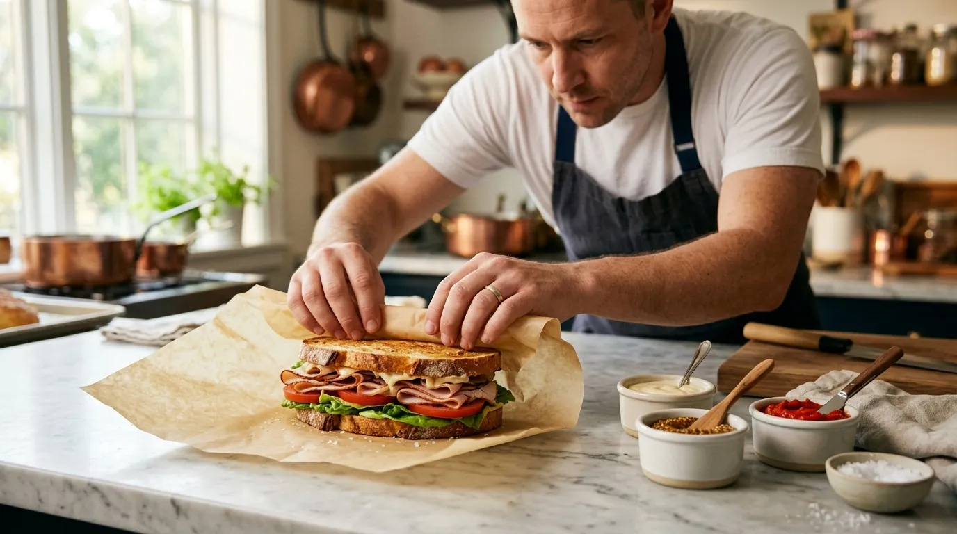 Homme en apron préparant un sandwich avec ingrédients frais