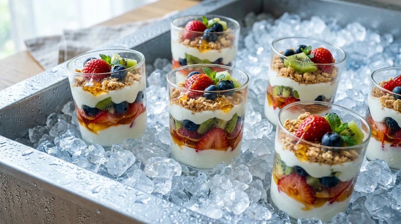 Verres de yaourt, fruits rouges, granola sur glaçons