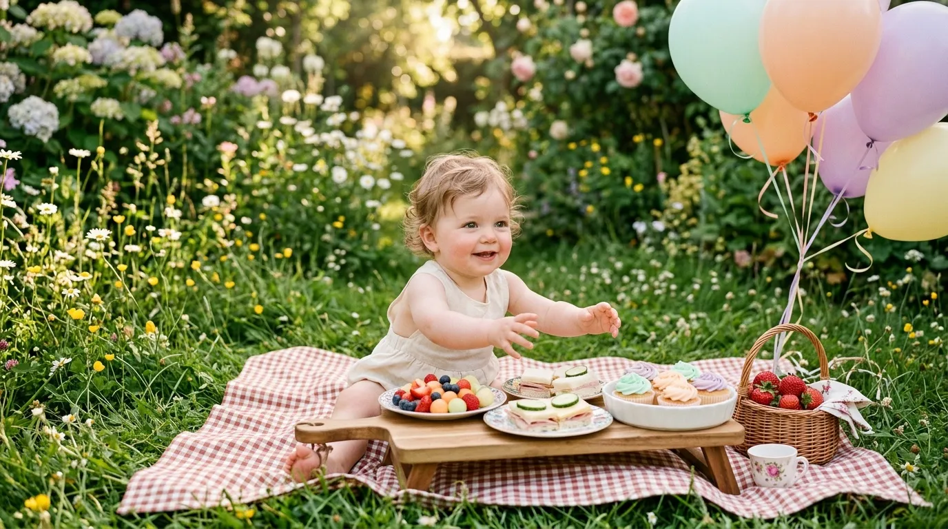 Bébé souriant lors d'un pique-nique en jardin fleuri