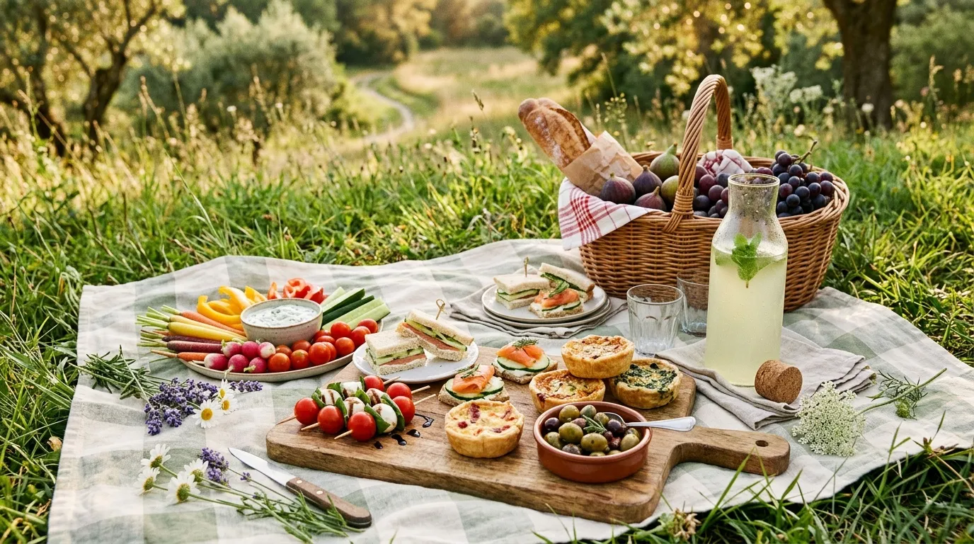 Panier pique-nique avec fruits, pain et boissons sur herbe verte