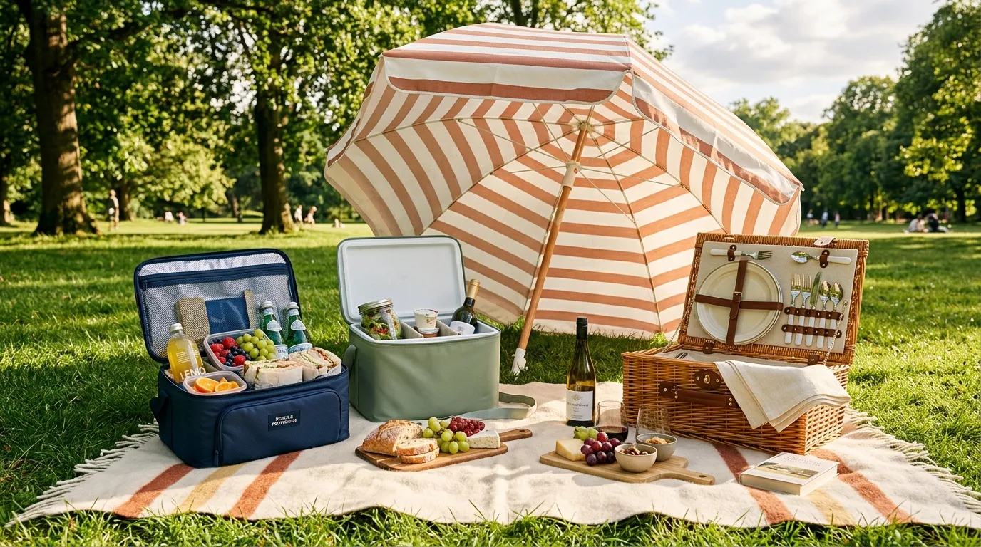 Panier pique-nique avec parasol rayé, nourriture et accessoires