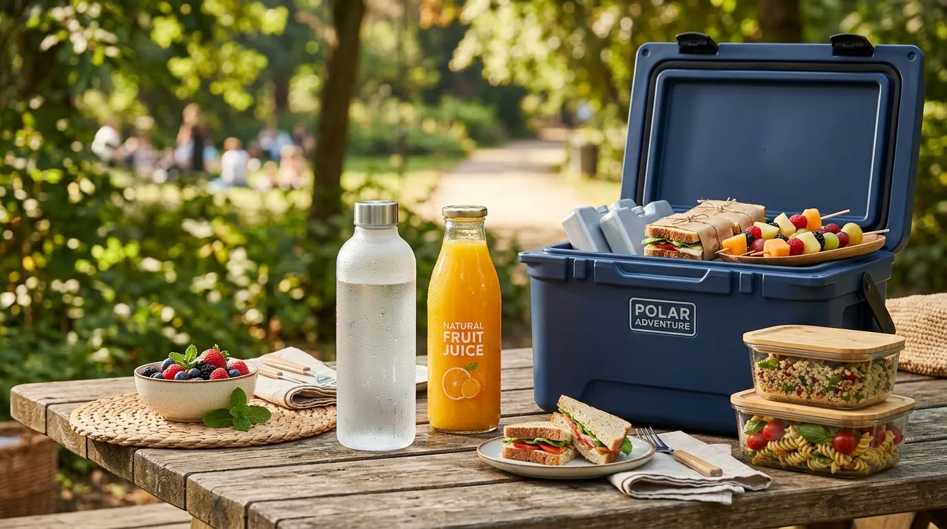 Table de pique-nique avec glacière, boissons, sandwichs et fruits frais
