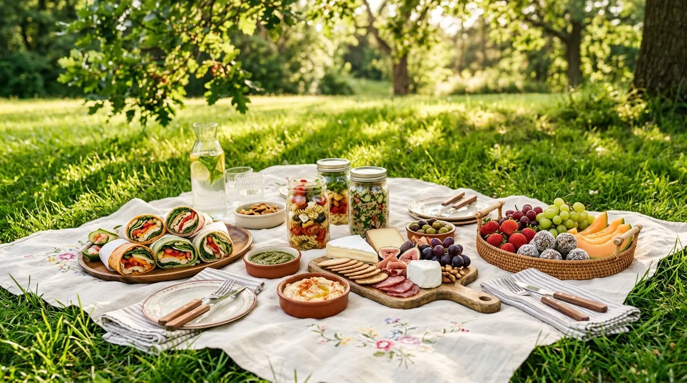 Table de pique-nique avec fruits, charcuterie, pains et boissons en plein air