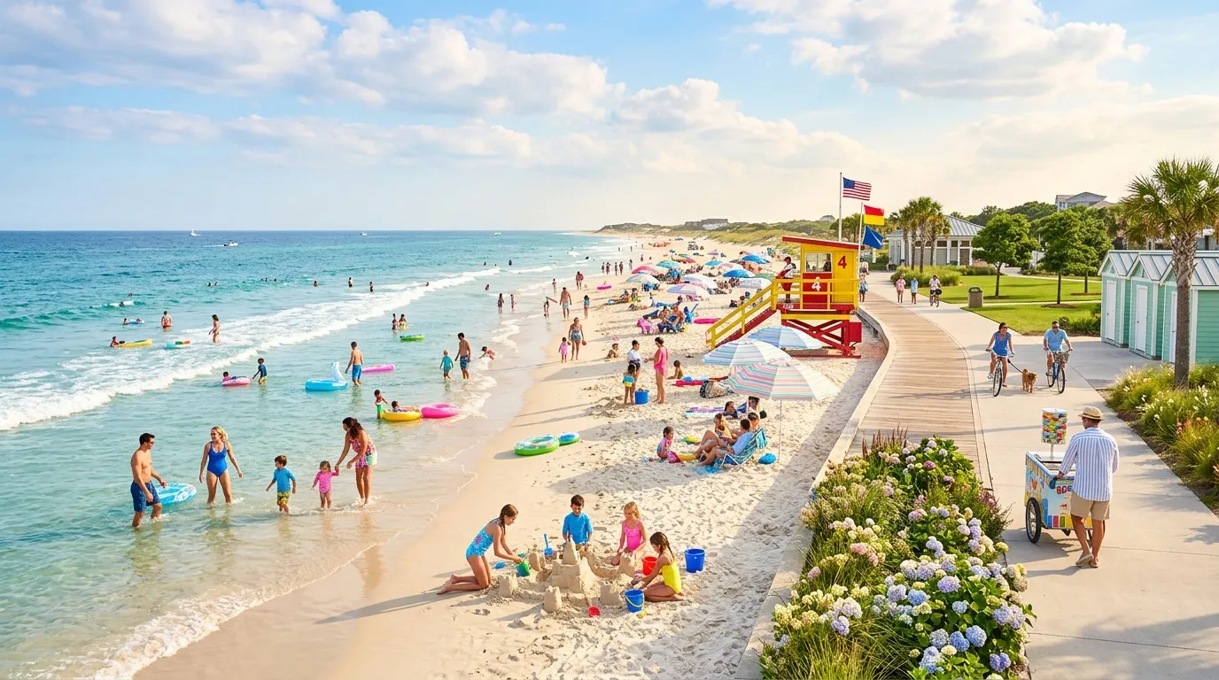 Plage bondée avec enfants, baigneurs, maîtres-nageurs et palmiers