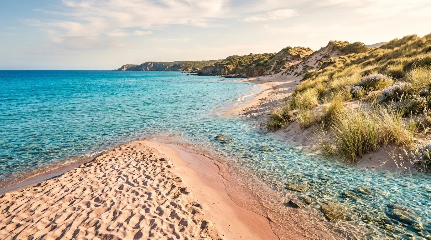 Plage de sable fin avec eau turquoise et dunes herbeuses
