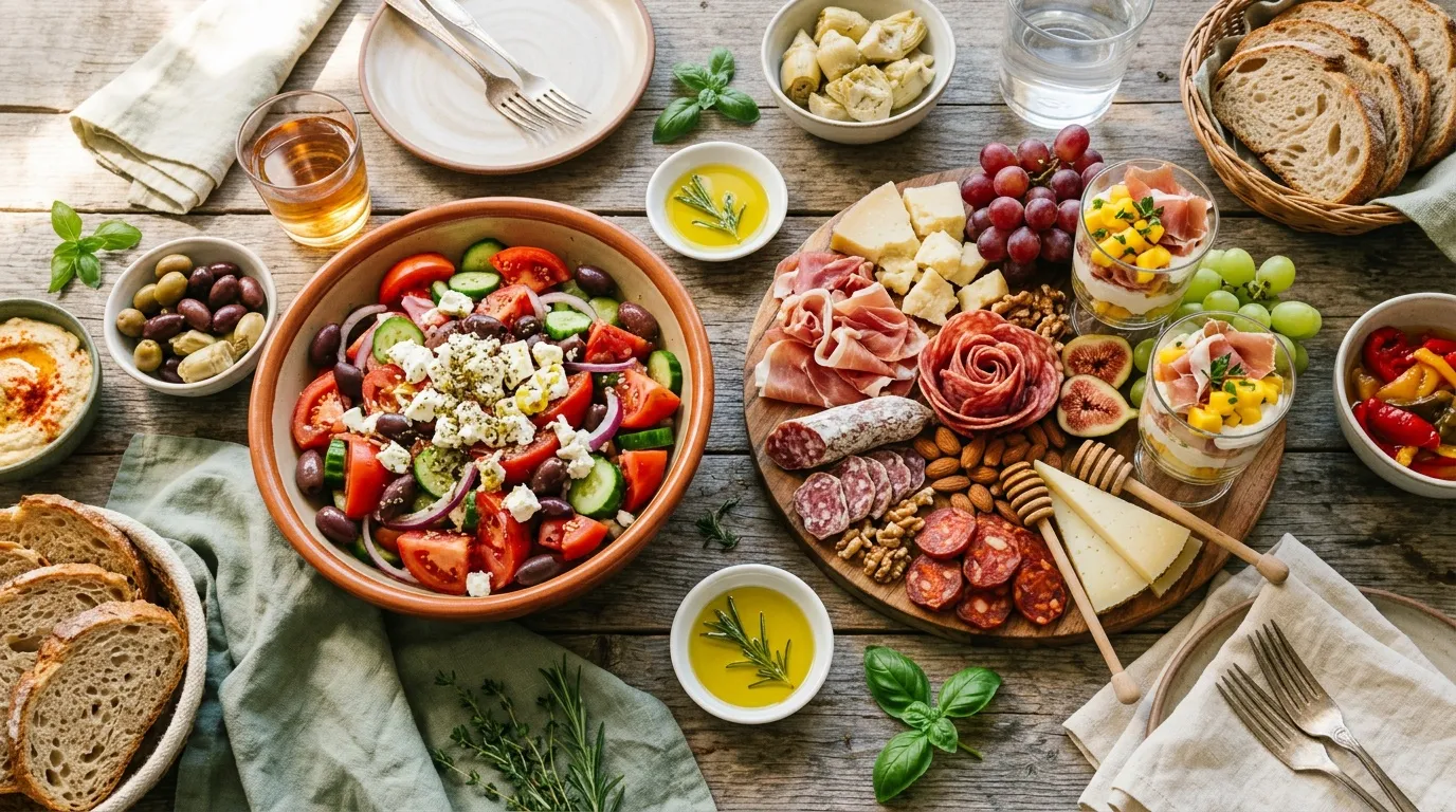 Table avec charcuterie, fromage, pain, salade grecque et fruits frais