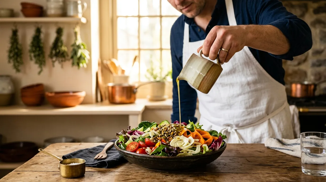 Chef versant vinaigrette sur salade colorée en cuisine