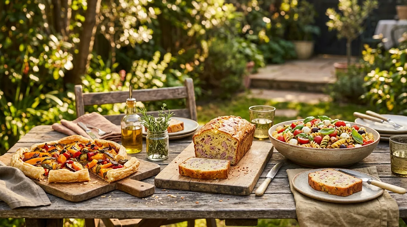 Table de jardin avec pizza, pain et salade fraîche