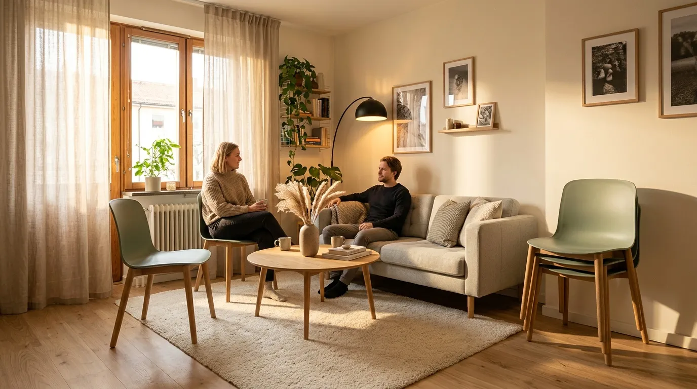 Deux personnes discutent dans un salon moderne et lumineux